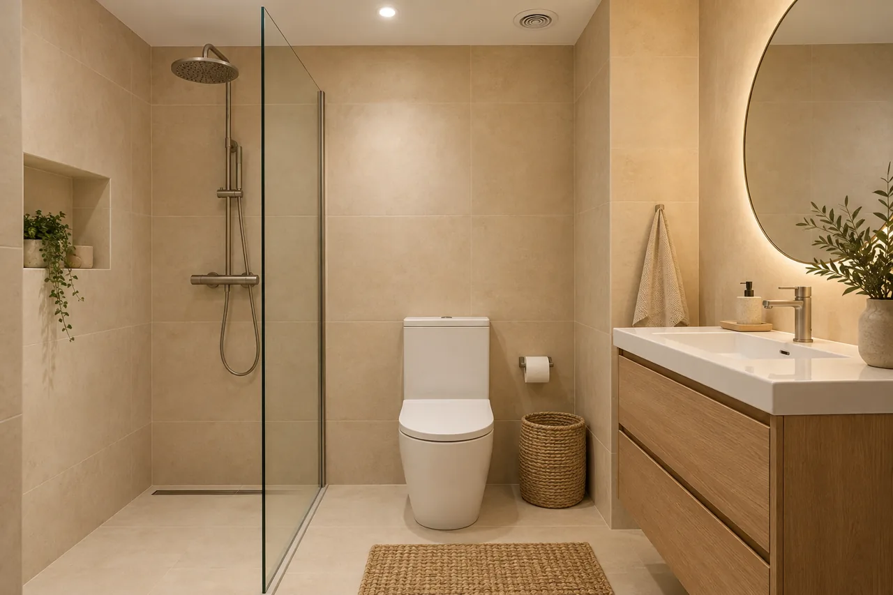 Escena editorial generada con IA: baño sin ventana con rejilla de extracción en el techo